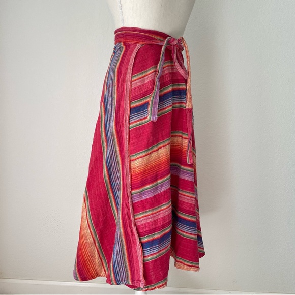 VINTAGE SARAPE COTTON WRAP SKIRT RAINBOW MULTICOLOR STRIPED MIDI - Picture 5 of 13